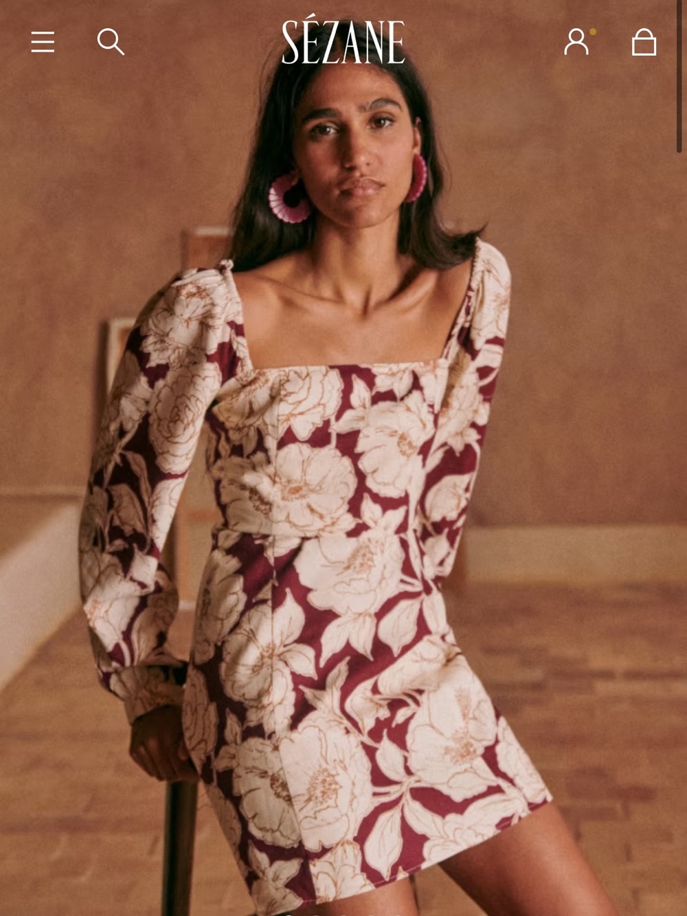 Sézane Burgundy Floral Square-Neck Long-Sleeve Mini Dress
